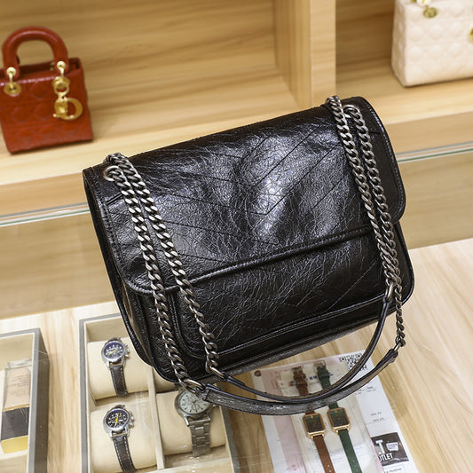 Women's Oil Wax Cowhide Leather Hobo Vintage Chain Shoulder Bags