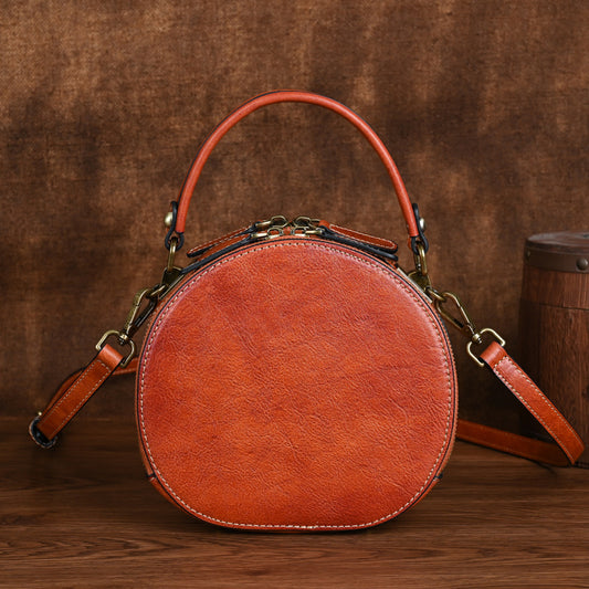 Women's National Style Round First Layer Leather Crossbody Bags
