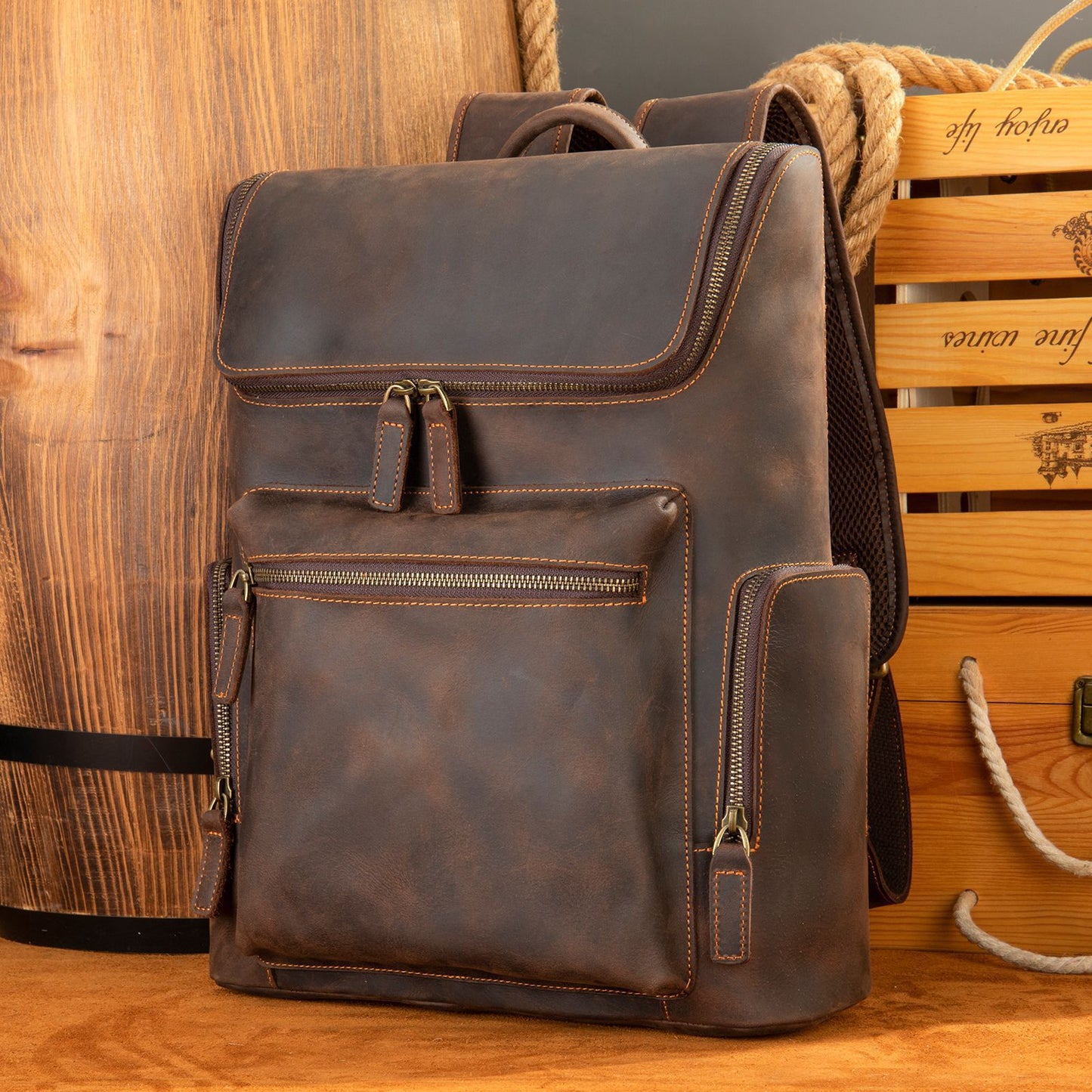 Men's Crazy Horse Leather Retro Computer Running Backpacks