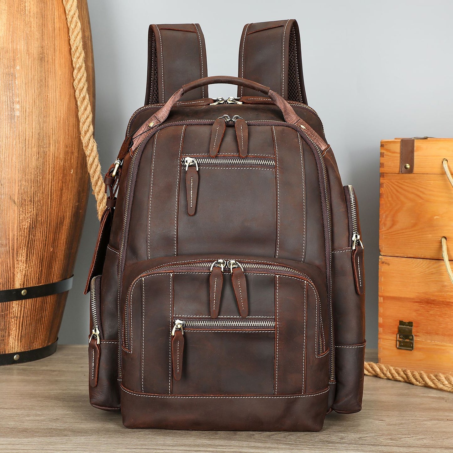Men's Crazy Horse Leather Retro Computer Running Backpacks