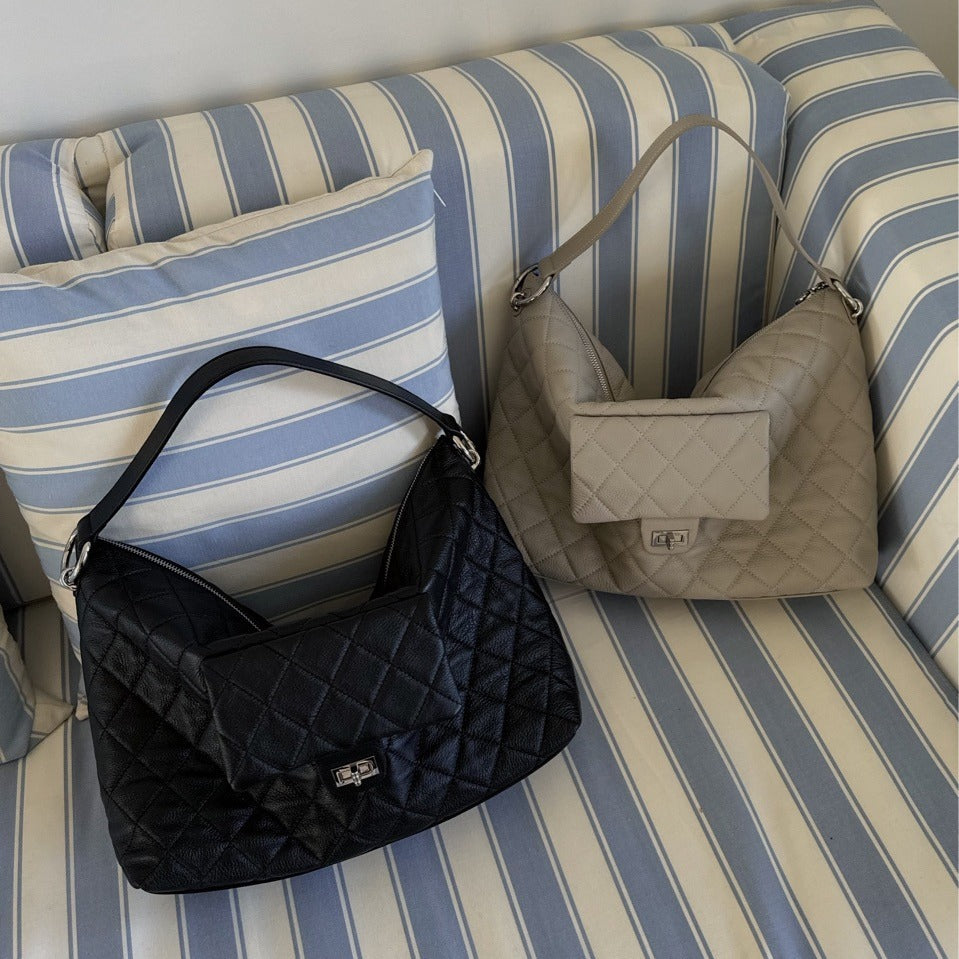 Underarm Layer Cowhide Rhombus Large Capacity Bags