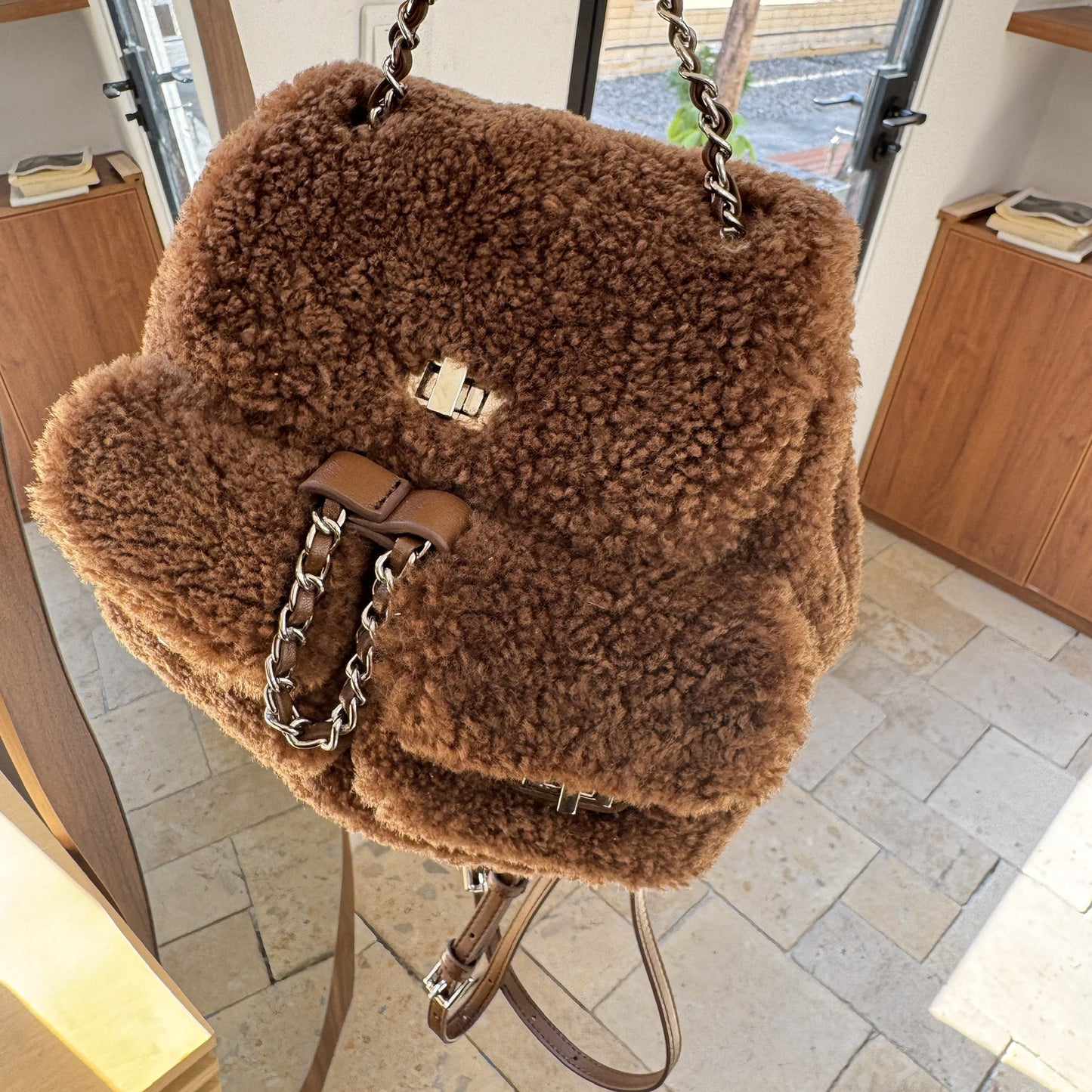 Women's Real Lamb Wool Classic Style Chain Backpacks