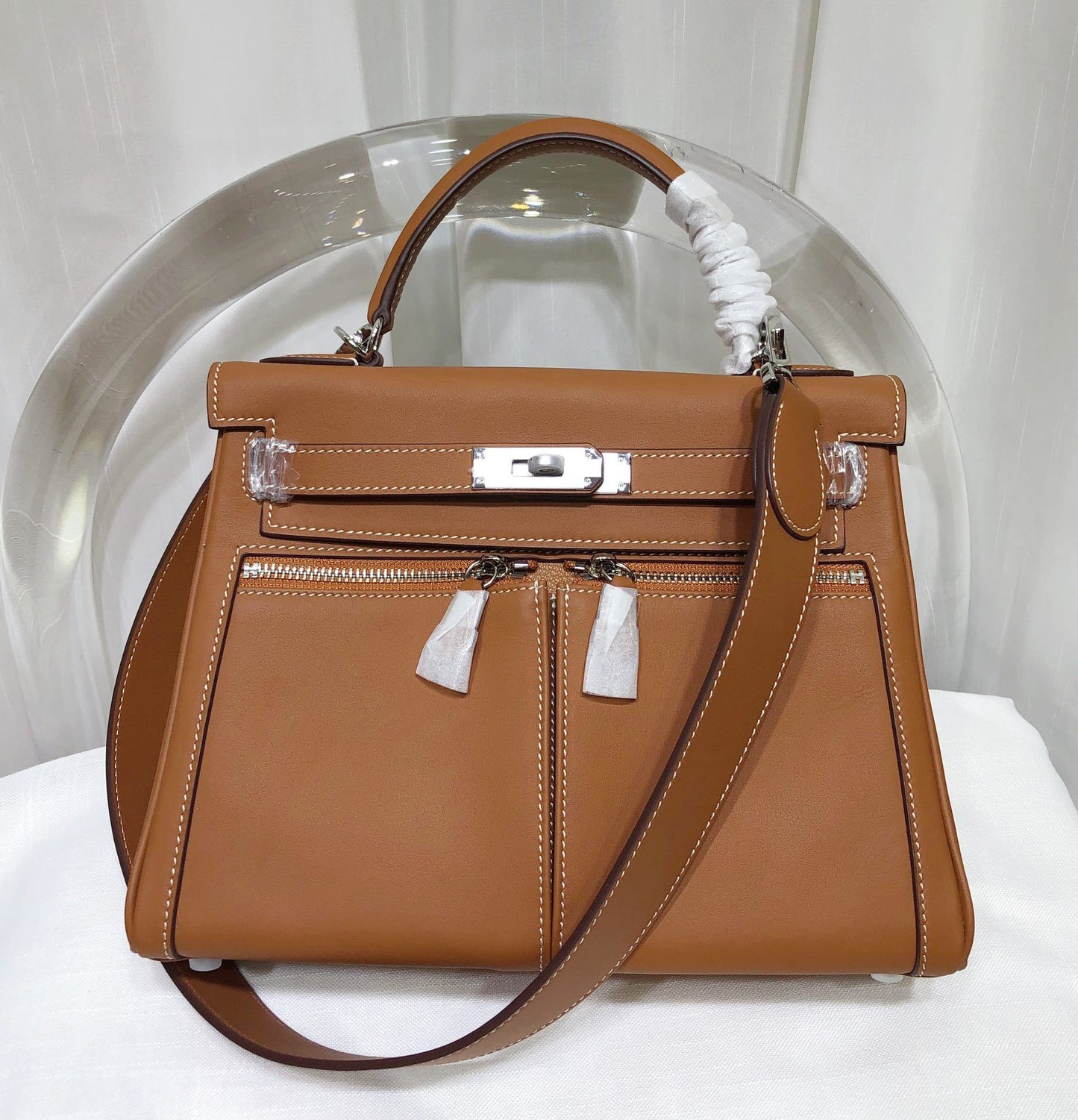 Women's Top Layer Cowhide Kelly Double Pocket Genuine Crossbody Bags