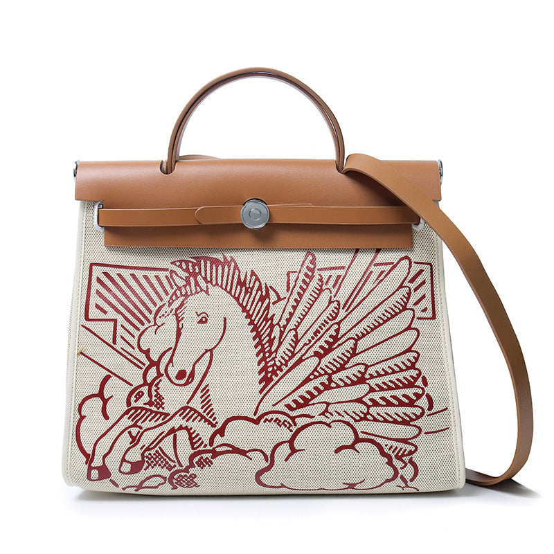 Women's Cowhide Canvas Portable Advanced Genuine Leather Handbags