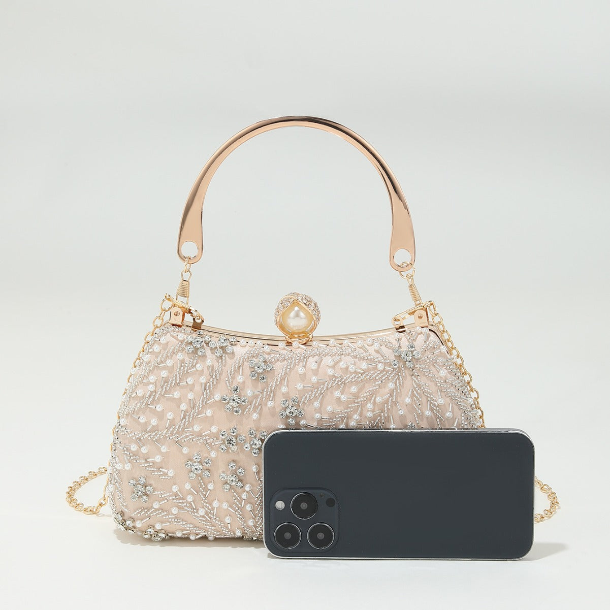 Retro Handmade Pearl Embroidery Stringed Pearls Rhinestone Portable Wedding Evening Bags