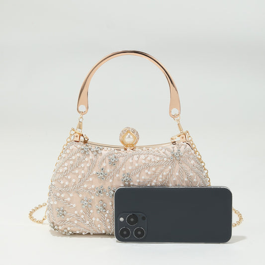Retro Handmade Pearl Embroidery Stringed Pearls Rhinestone Portable Wedding Evening Bags