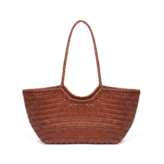 Women's Authentic Leather Weave Vegetable Basket Underarm Handbags