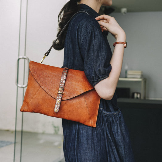 First Layer Cowhide Texture Rivet Niche Clutch Cover Bags