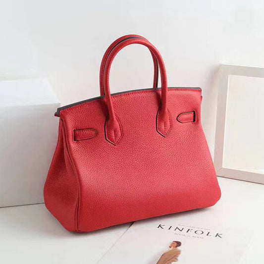 Women's Lychee Pattern Kelly Genuine Leather First Handbags