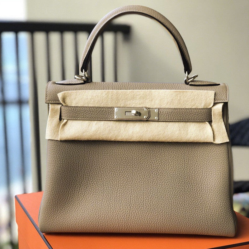 Women's Kelly Cow Leather Litchi Pattern Portable Shoulder Bags