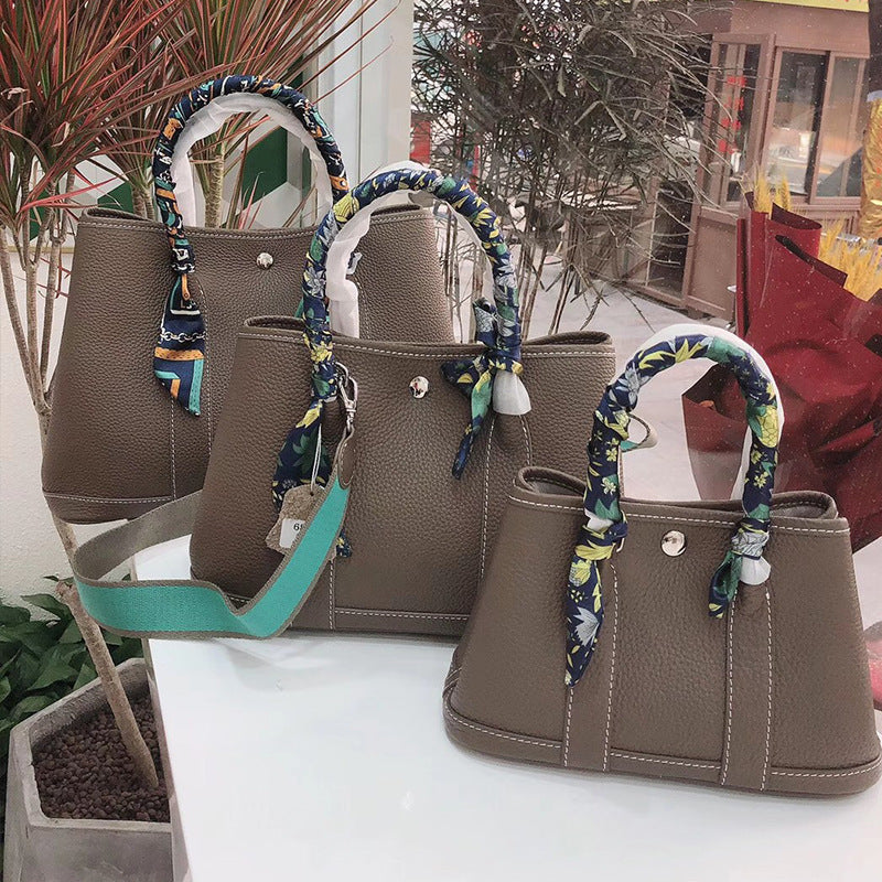 Women's Litchi Pattern First Layer Cowhide Shopping Shoulder Bags