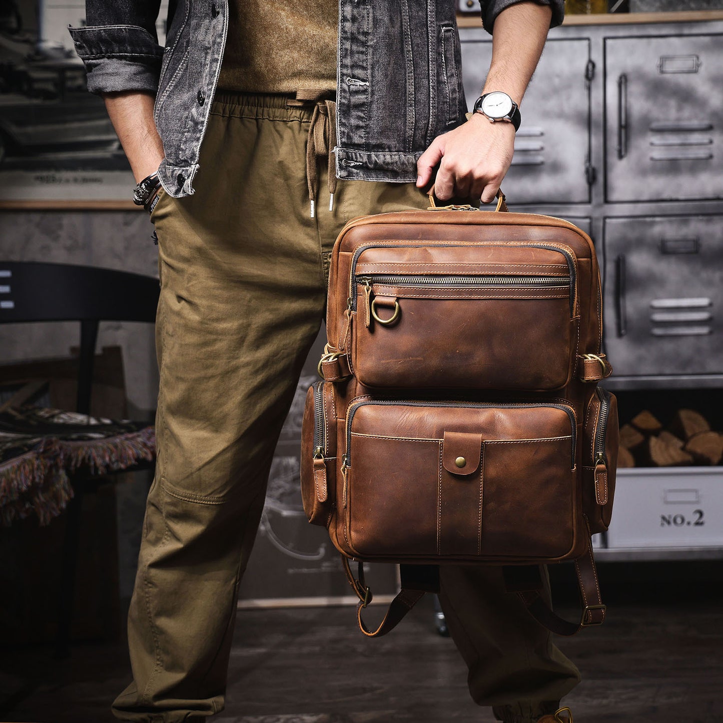 Men's Retro Crazy Horse Leather First Layer Backpacks