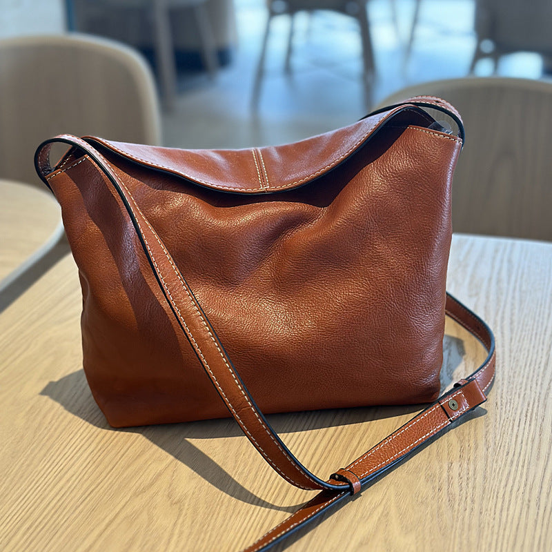 Women's Summer Cowhide Simple Leather Retro Large Crossbody Bags