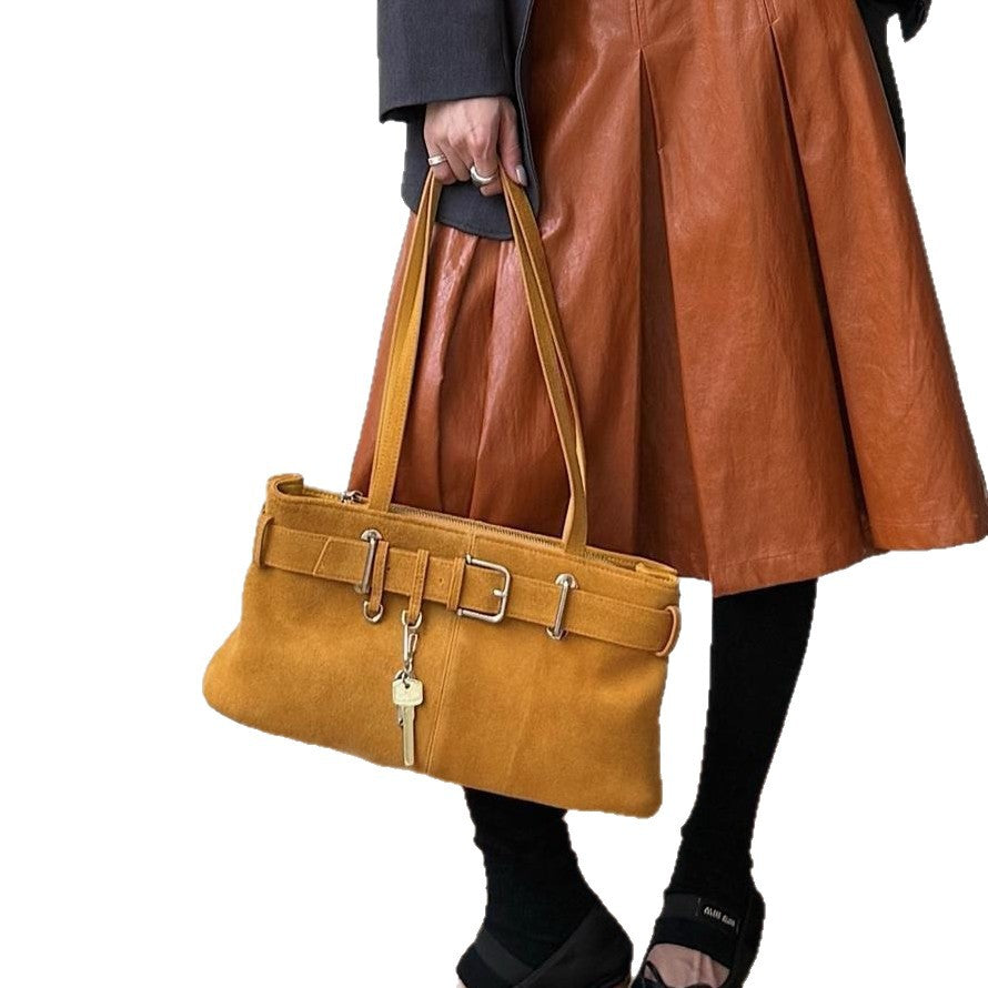 Women's Frosted Cowhide Leather Retro Decorative Underarm Design Bags