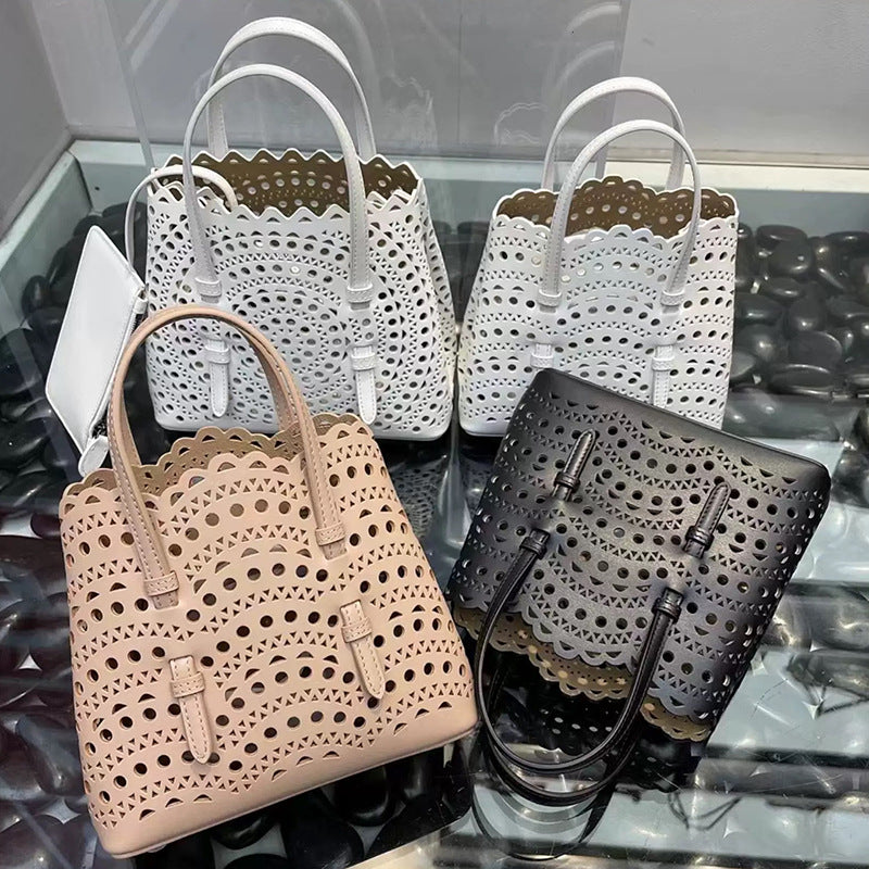 Women's Niche Wave Hollow Carved Cowhide Vegetable Basket Crossbody Bags
