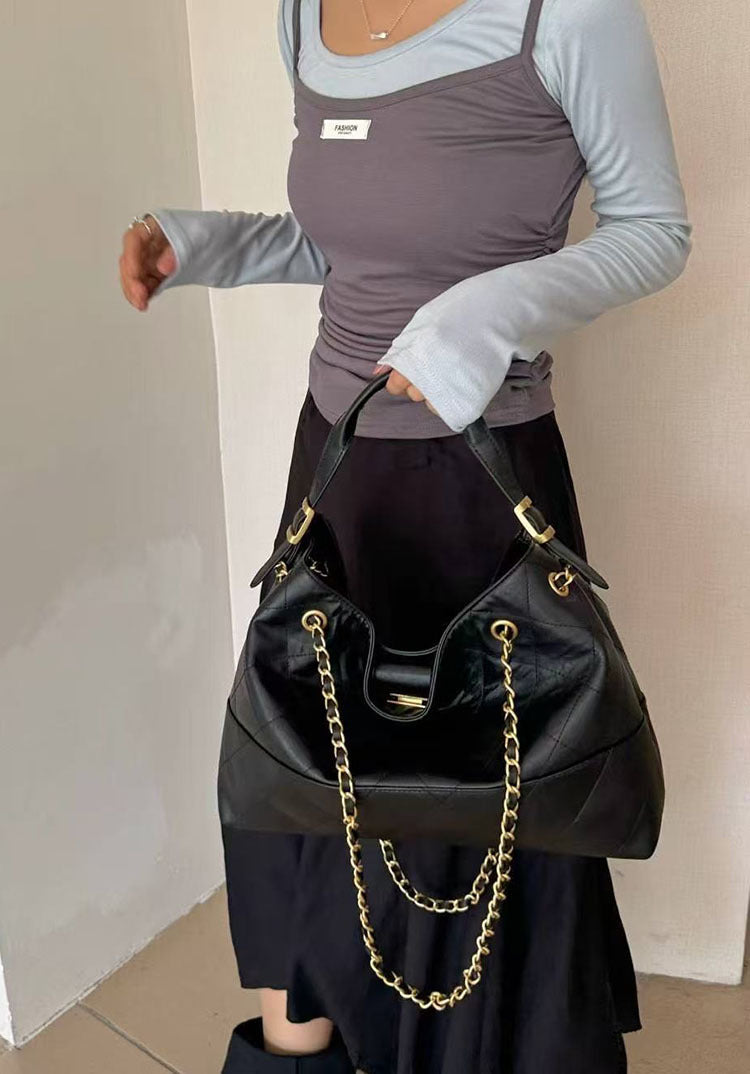 Women's Style Rhombus Chain Large Capacity Genuine Handbags