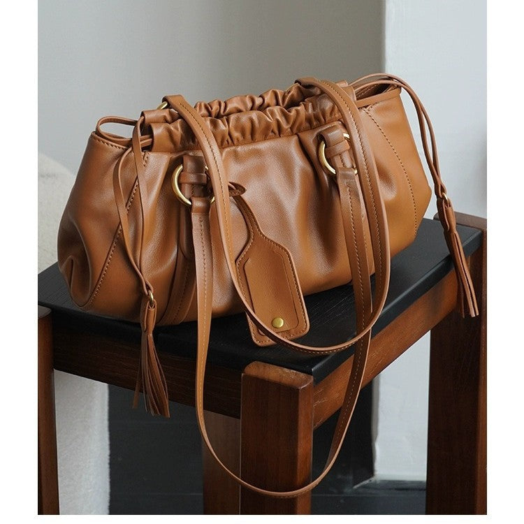 Women's Leather Pleated Drawstring Cloud Retro Bags