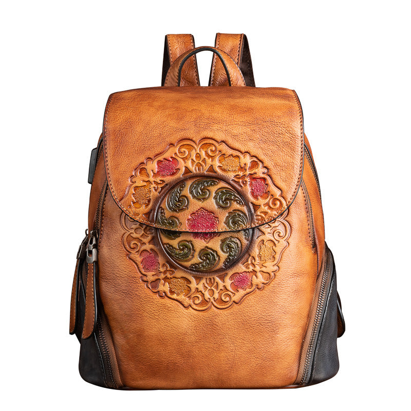 Chinese Style First Layer Cowhide Embossed Backpacks