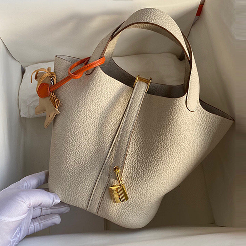 Women's Line Vegetable Basket Lychee Pattern Cowhide Handbags