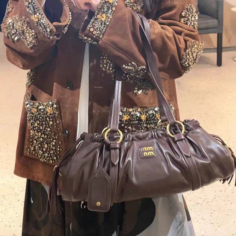 Women's Leather Pleated Drawstring Cloud Retro Bags