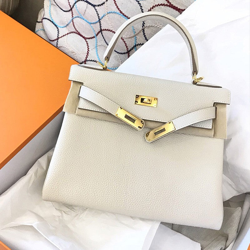 Women's Kelly Cow Leather Litchi Pattern Portable Shoulder Bags
