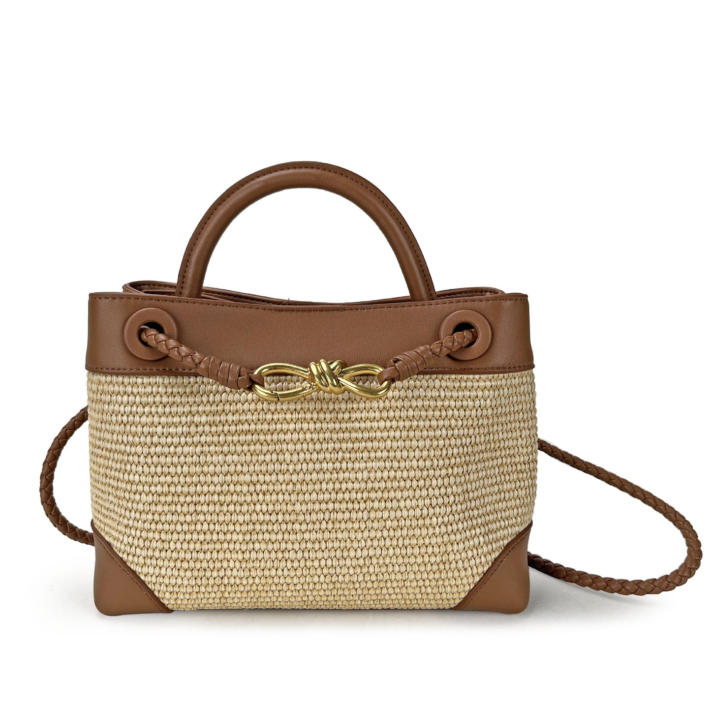 Metal Bow Leather Stitching Raffia Handmade Crossbody Bags
