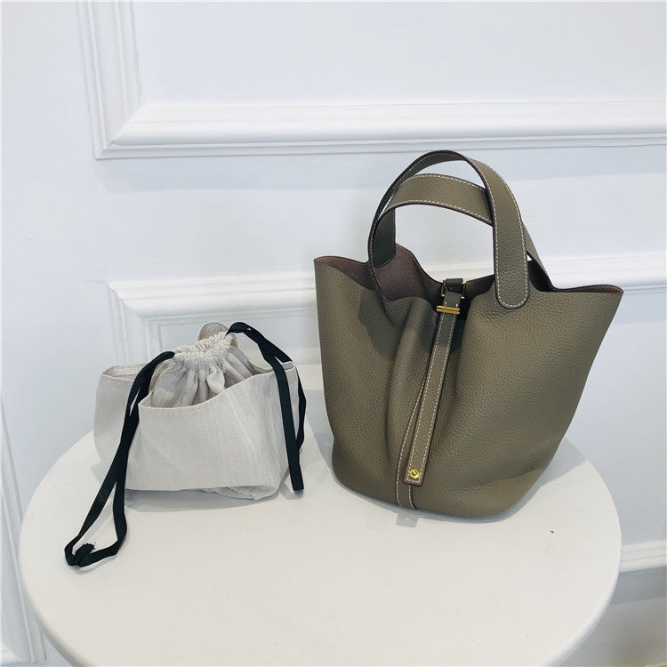 Vegetable Basket Layer Cowhide Lychee Pattern Handbags