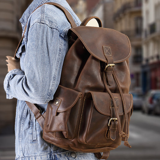 Men's Cowhide Crazy Horse Leather Retro Leisure Backpacks