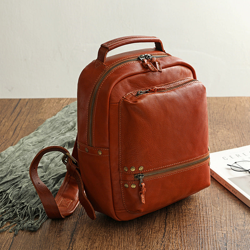 Vegetable Tanning Leather Washing Waxing Polishing Zipper Copper Backpacks