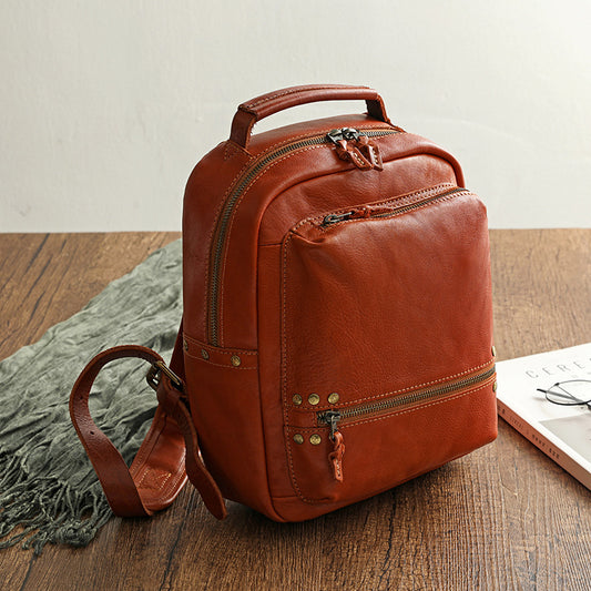 Vegetable Tanning Leather Washing Waxing Polishing Zipper Copper Backpacks