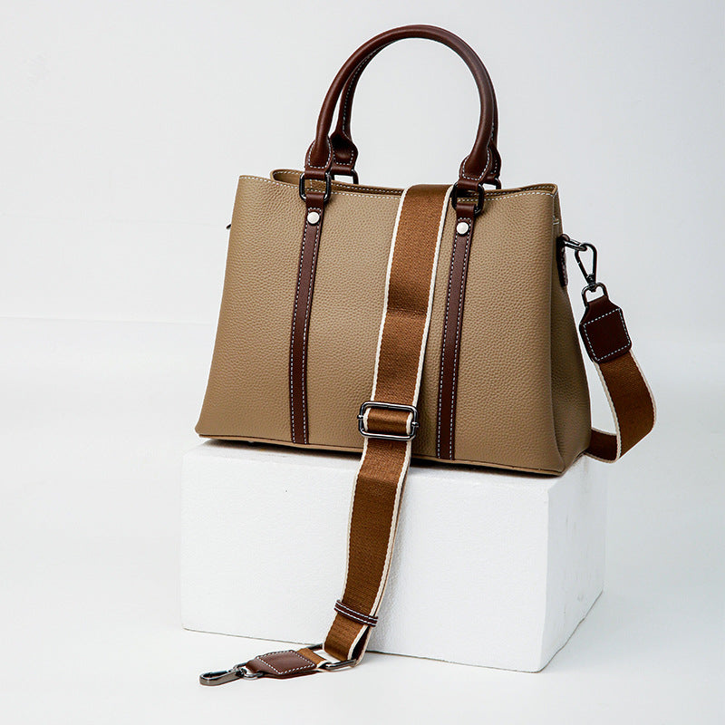 Women's Large Capacity Contrast Color First Layer Cowhide Handbags