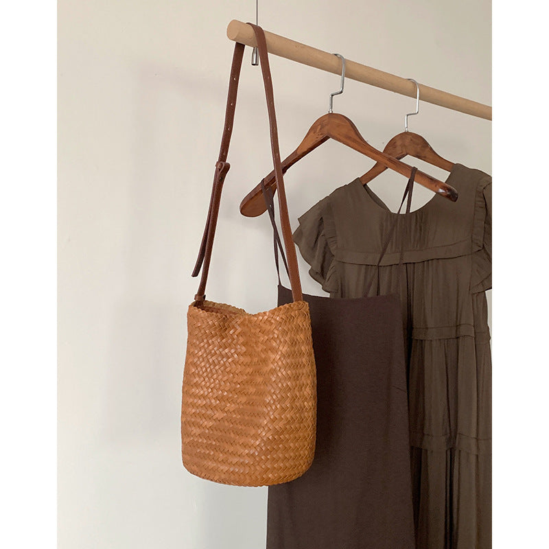 Women's Niche Cowhide Woven Commute Genuine Leather Large Crossbody Bags