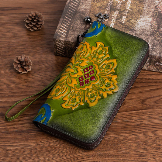 Women's First Layer Vegetable Tanning Leather Brushed Long Retro Ladies Wallets