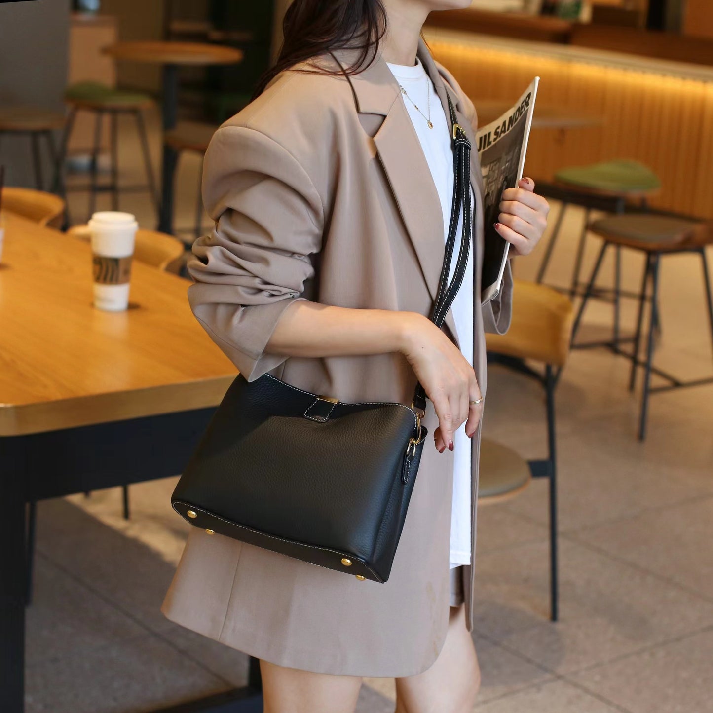 Women's Fashion Cattle Leather Trendy Commute Genuine Shoulder Bags