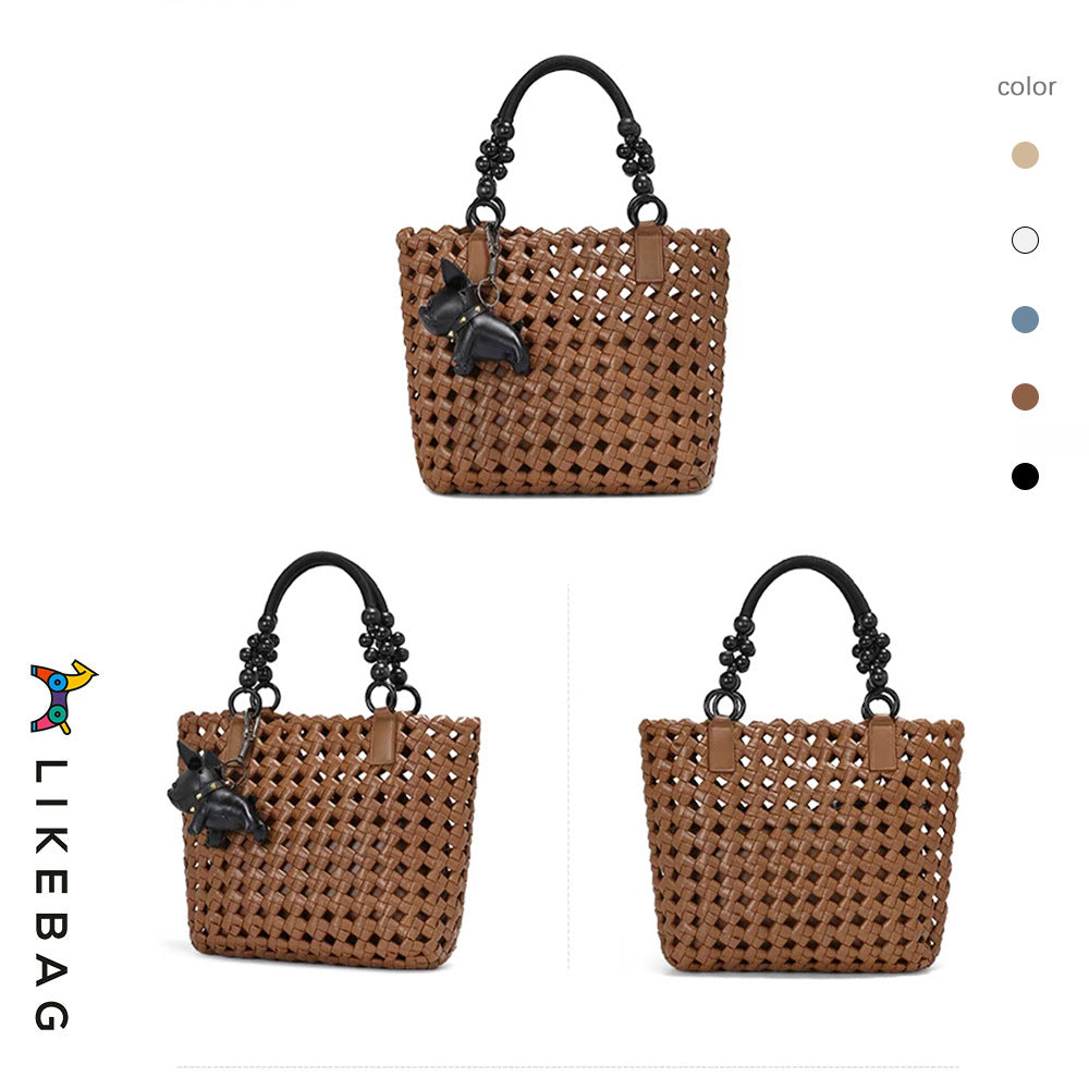 Women's Vegetable Basket Woven Portable Advanced Hollow Wooden Bead Handbags