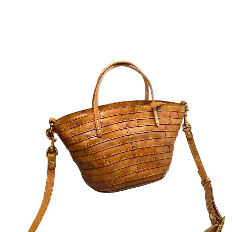 Women's Street Art Washed Vegetable Basket Stitching Shoulder Bags