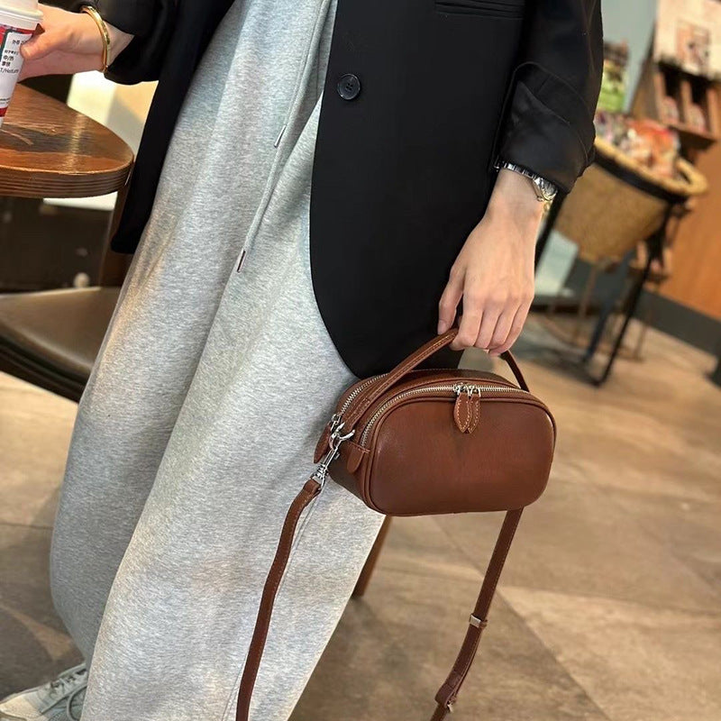 Women's Summer Genuine Leather Double Zipper Portable Crossbody Bags