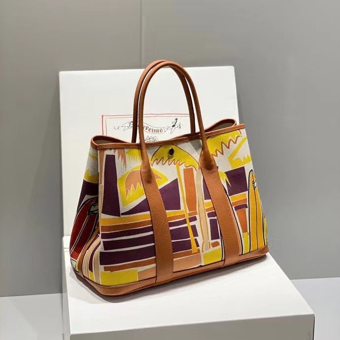 Inch Iti Painted Canvas Stitched Cowhide Large Shoulder Bags