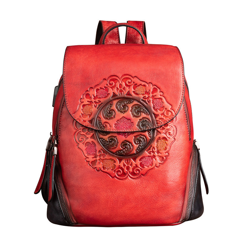 Chinese Style First Layer Cowhide Embossed Backpacks