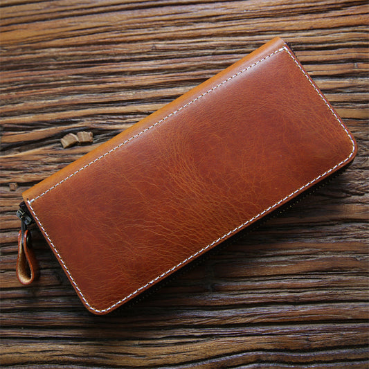 Women's & Men's Handmade Retro Long Genuine Leather Zipper First Layer Men's Wallets