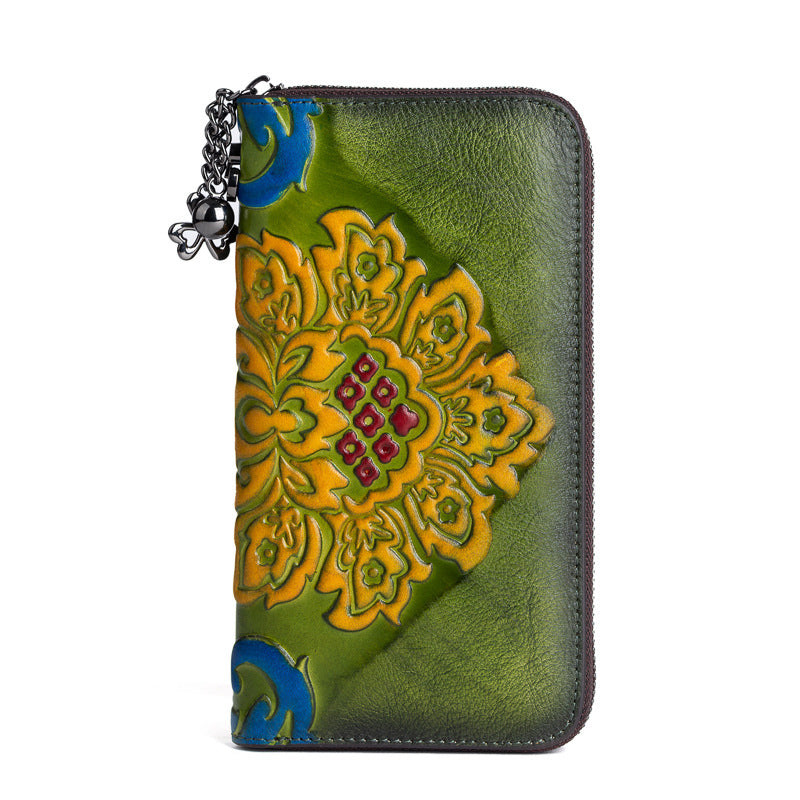 Women's First Layer Vegetable Tanning Leather Brushed Long Retro Ladies Wallets