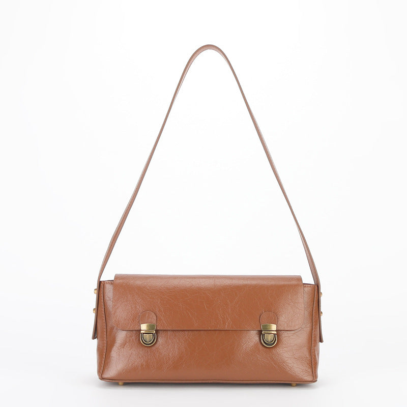 Women's Retro Underarm Baguette Layer Oil Wax Shoulder Bags