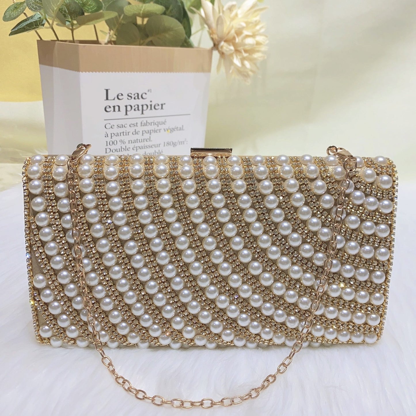 Elegant Imitation Pearl Rhinestone Clutch Banquet Evening Bags