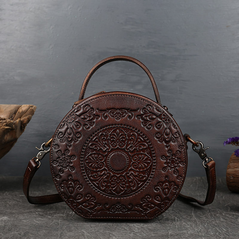 Women's Genuine Leather Retro Round Totem Hand Shoulder Bags
