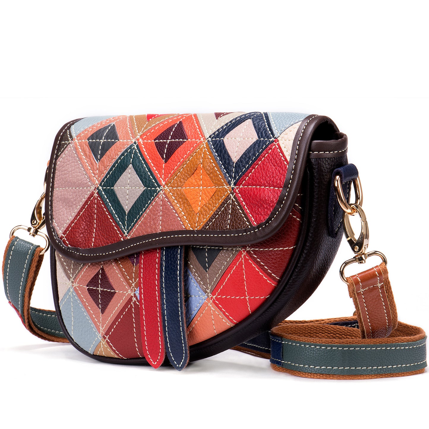 Women's Diamond Pattern Leather Stitching Ethnic Style Bags