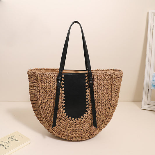 Women's Large Capacity French Straw Niche Stitching Woven Handbags