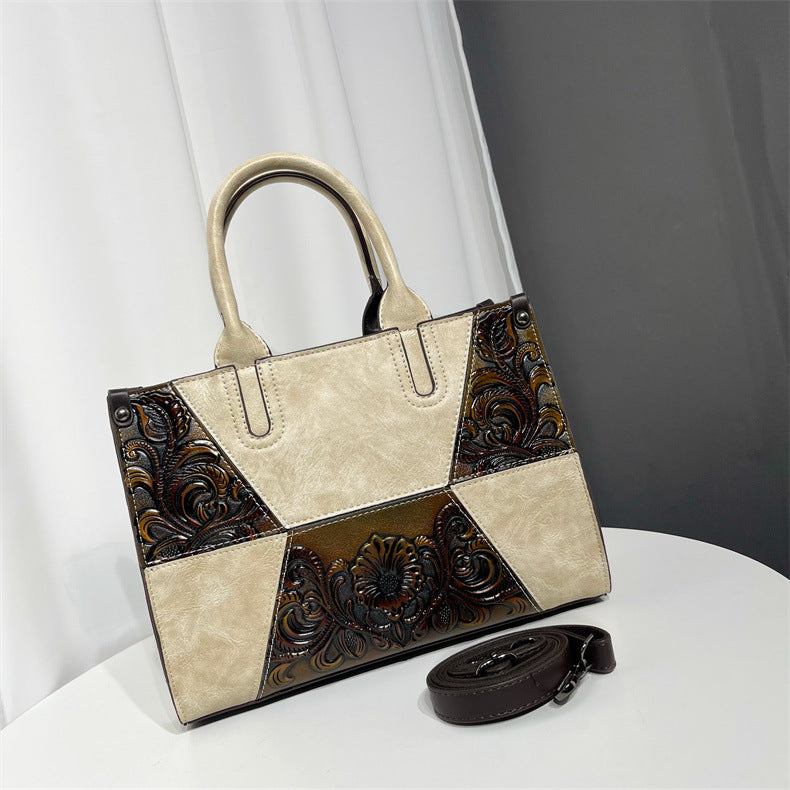 Women's Chinese Style Stitching Artistic Relief Painted Handbags