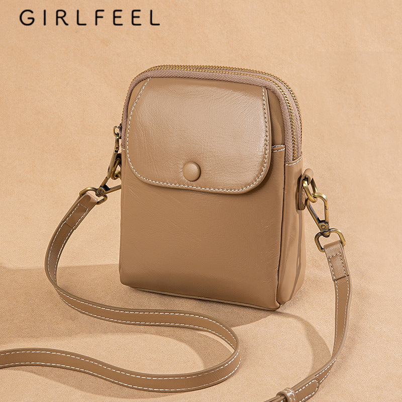 Female Fashion Vegetable Tanning Leather Mobile Bags