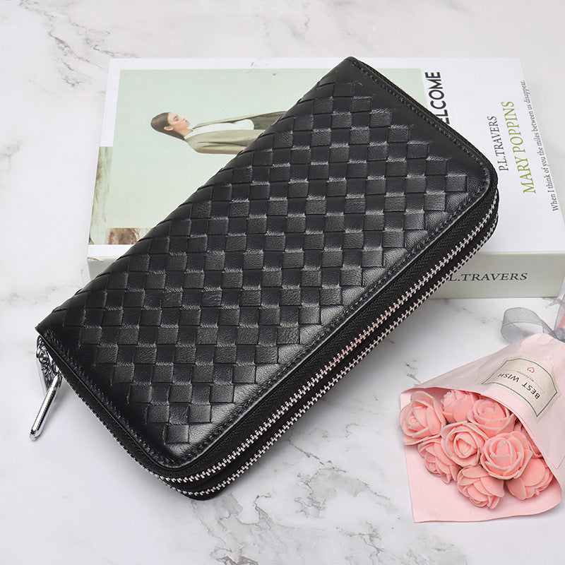 Women's Fashion Long Authentic Leather Sheepskin Hand-woven Ladies Wallets