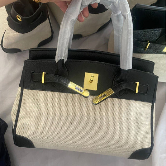 Women's Leather With Canvas Contrast Color Portable Handbags